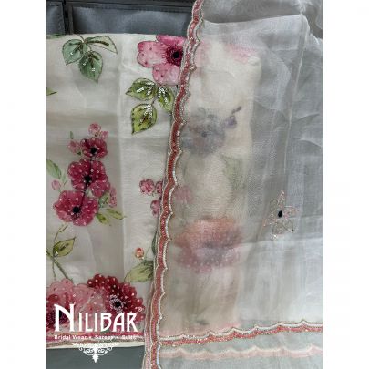 Cream Organza Floral Embroidered Unstitched Suit