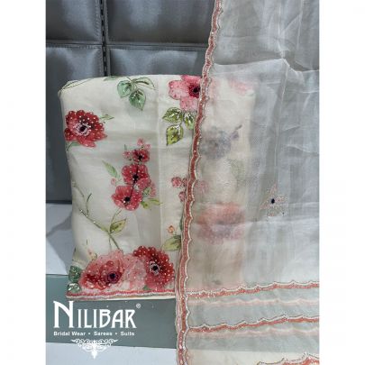 Cream Organza Floral Embroidered Unstitched Suit