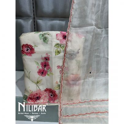 Cream Organza Floral Embroidered Unstitched Suit