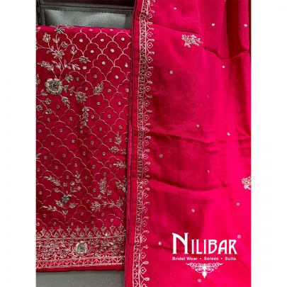 Hot Pink Crepe Embroidered Unstitched Suit