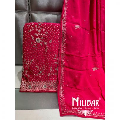 Hot Pink Crepe Embroidered Unstitched Suit