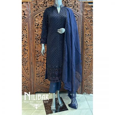 Dark Blue Velvet Organza Dupatta Readymade Suit