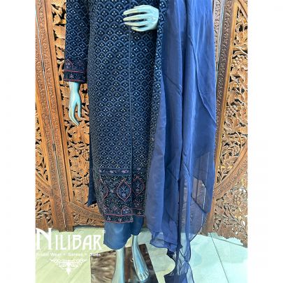 Dark Blue Velvet Organza Dupatta Readymade Suit