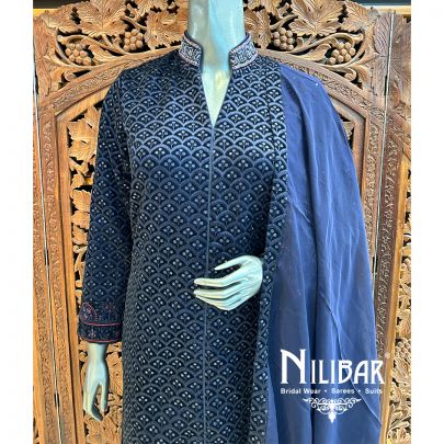 Dark Blue Velvet Organza Dupatta Readymade Suit