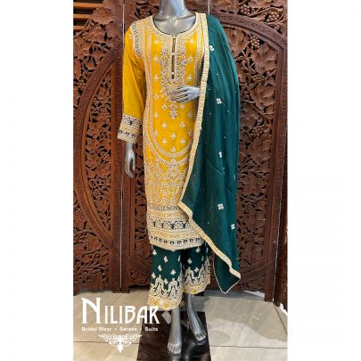 Green And Yellow Chinon Readymade Suit