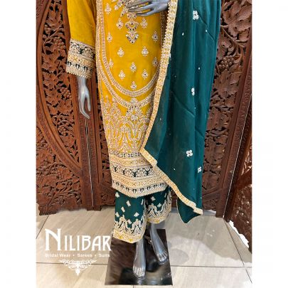 Green And Yellow Chinon Readymade Suit