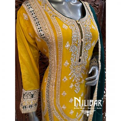 Green And Yellow Chinon Readymade Suit