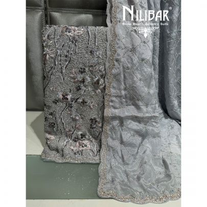 Grey Net Embroidered Unstitched Suit