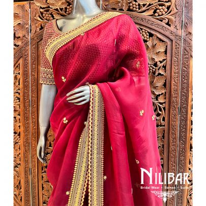 Maroon Organza Saree With Unstitched Blouse