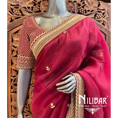 Maroon Organza Saree With Unstitched Blouse