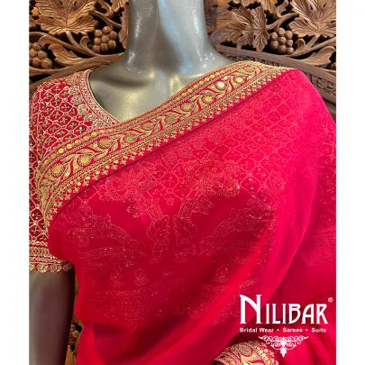 Cherry Red Organza Saree With Unstitched Blouse