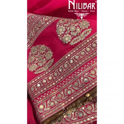 Cherry Red Organza Saree With Unstitched Blouse