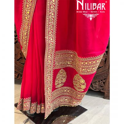 Cherry Red Organza Saree With Unstitched Blouse