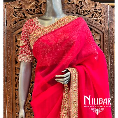 Cherry Red Organza Saree With Unstitched Blouse