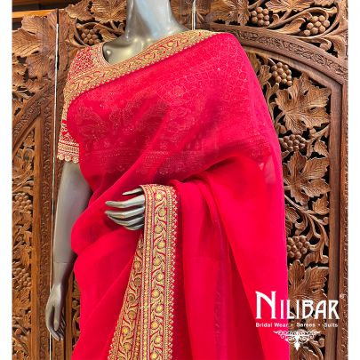 Cherry Red Organza Saree With Unstitched Blouse