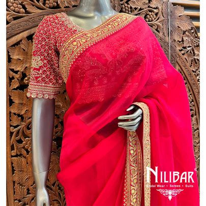Cherry Red Organza Saree With Unstitched Blouse