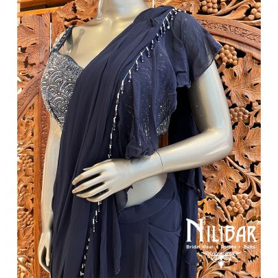 Navy Blue Net Georgette Pre-Stitched Saree
