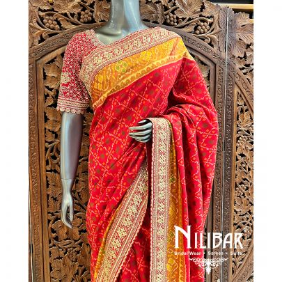 Rose Red Patan Patola Saree With Unstitched Blouse