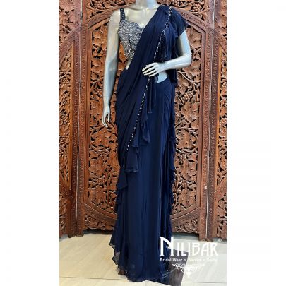 Navy Blue Net Georgette Pre-Stitched Saree