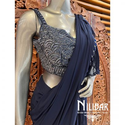 Navy Blue Net Georgette Pre-Stitched Saree
