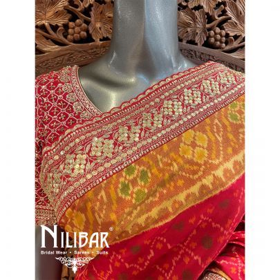 Rose Red Patan Patola Saree With Unstitched Blouse