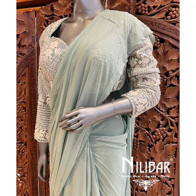 Pista Green Georgette Pre-Stitched Saree