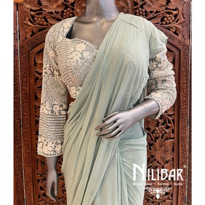 Pista Green Georgette Pre-Stitched Saree