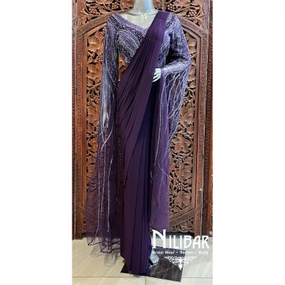 Purple Lycra Net Pre-Stitched Saree