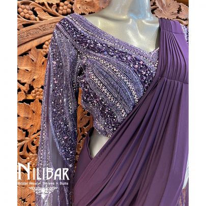Purple Lycra Net Pre-Stitched Saree