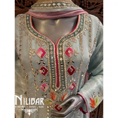 Powder Blue & Pink Silk Anarkali