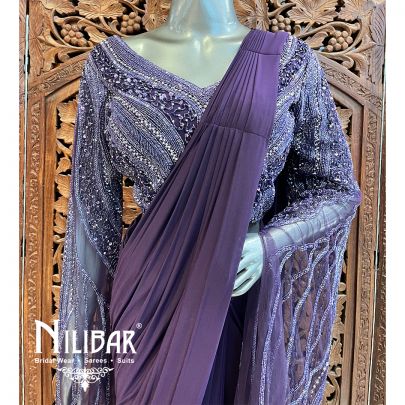 Purple Lycra Net Pre-Stitched Saree