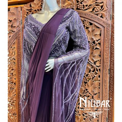 Purple Lycra Net Pre-Stitched Saree