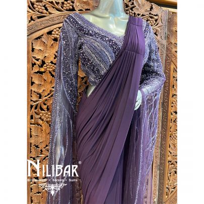 Purple Lycra Net Pre-Stitched Saree