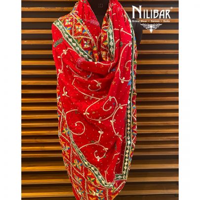 Scarlet Red Chinon Phulkari Dupatta
