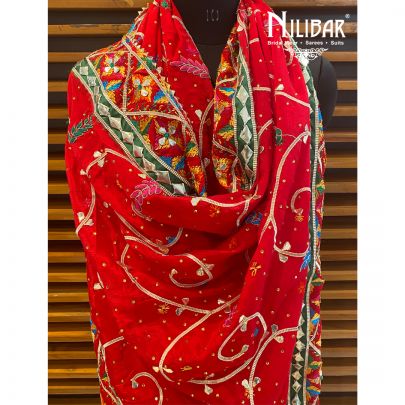 Scarlet Red Chinon Phulkari Dupatta