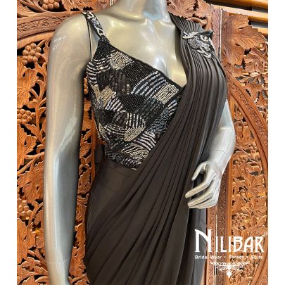 Black Lycra Net Pre-Stitched Saree
