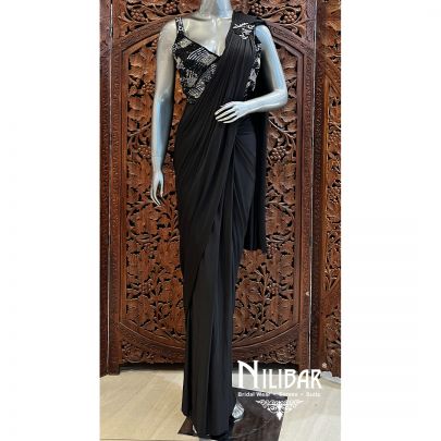 Black Lycra Net Pre-Stitched Saree