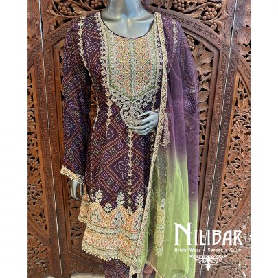 Purple Crepe Net Embroidered Dhoti Suit