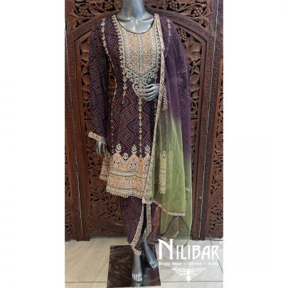 Purple Crepe Net Embroidered Dhoti Suit