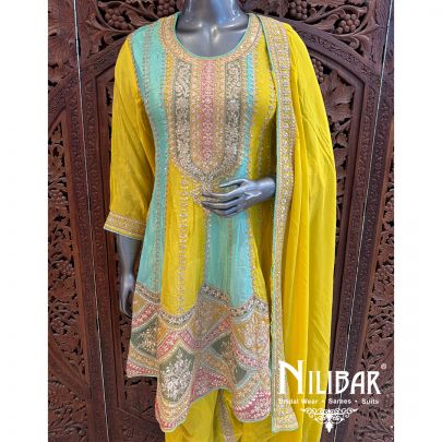 Yellow Chinon Embroidered Dhoti Suit