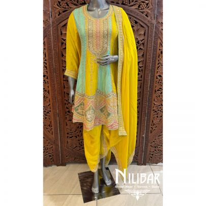 Yellow Chinon Embroidered Dhoti Suit