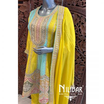 Yellow Chinon Embroidered Dhoti Suit