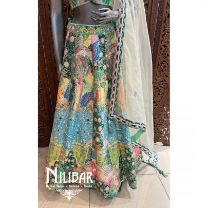 Green Silk Organza Printed Lehenga