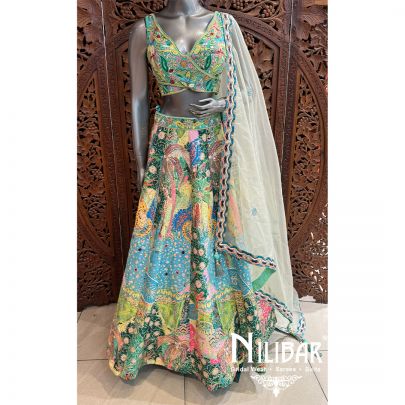 Green Silk Organza Printed Lehenga