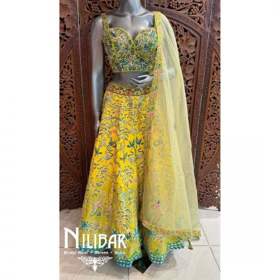 Lime Silk Organza Printed Lehenga
