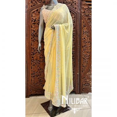 Pastel Yellow Georgette Saree With Unstitched Blouse