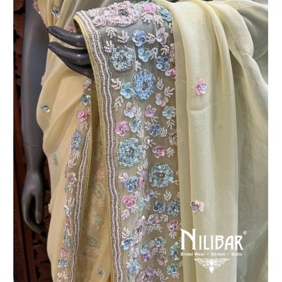 Pastel Yellow Georgette Saree With Unstitched Blouse