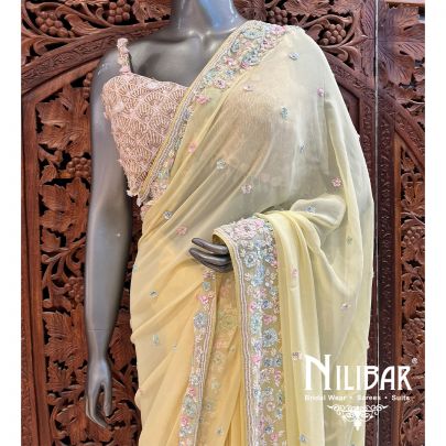 Pastel Yellow Georgette Saree With Unstitched Blouse