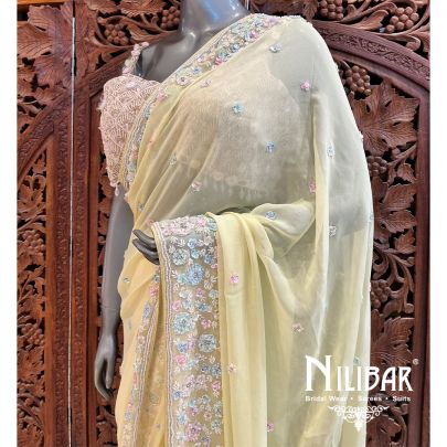 Pastel Yellow Georgette Saree With Unstitched Blouse