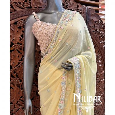 Pastel Yellow Georgette Saree With Unstitched Blouse